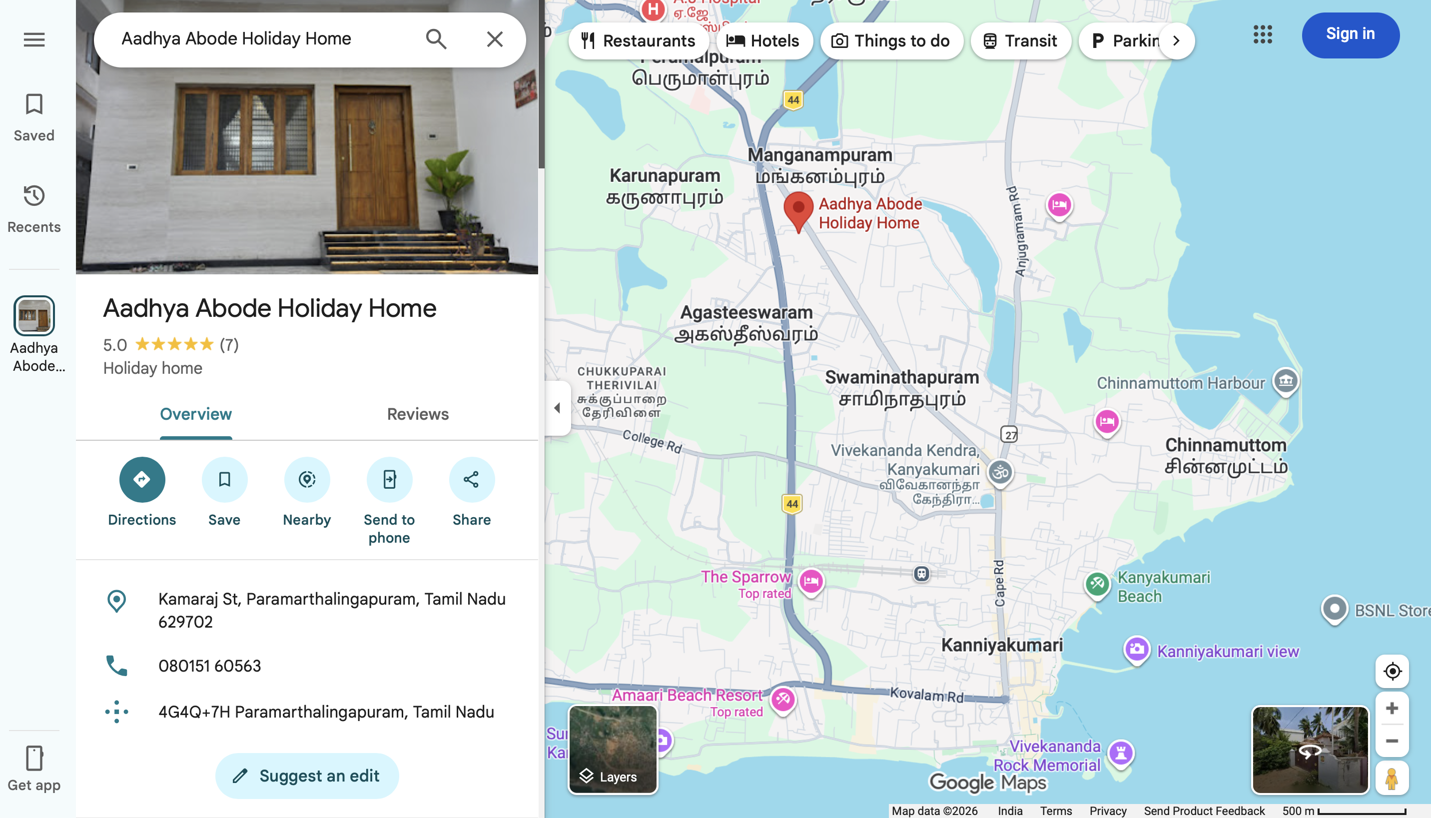 Map showing the location of Aadhya Abode in Kanyakumari